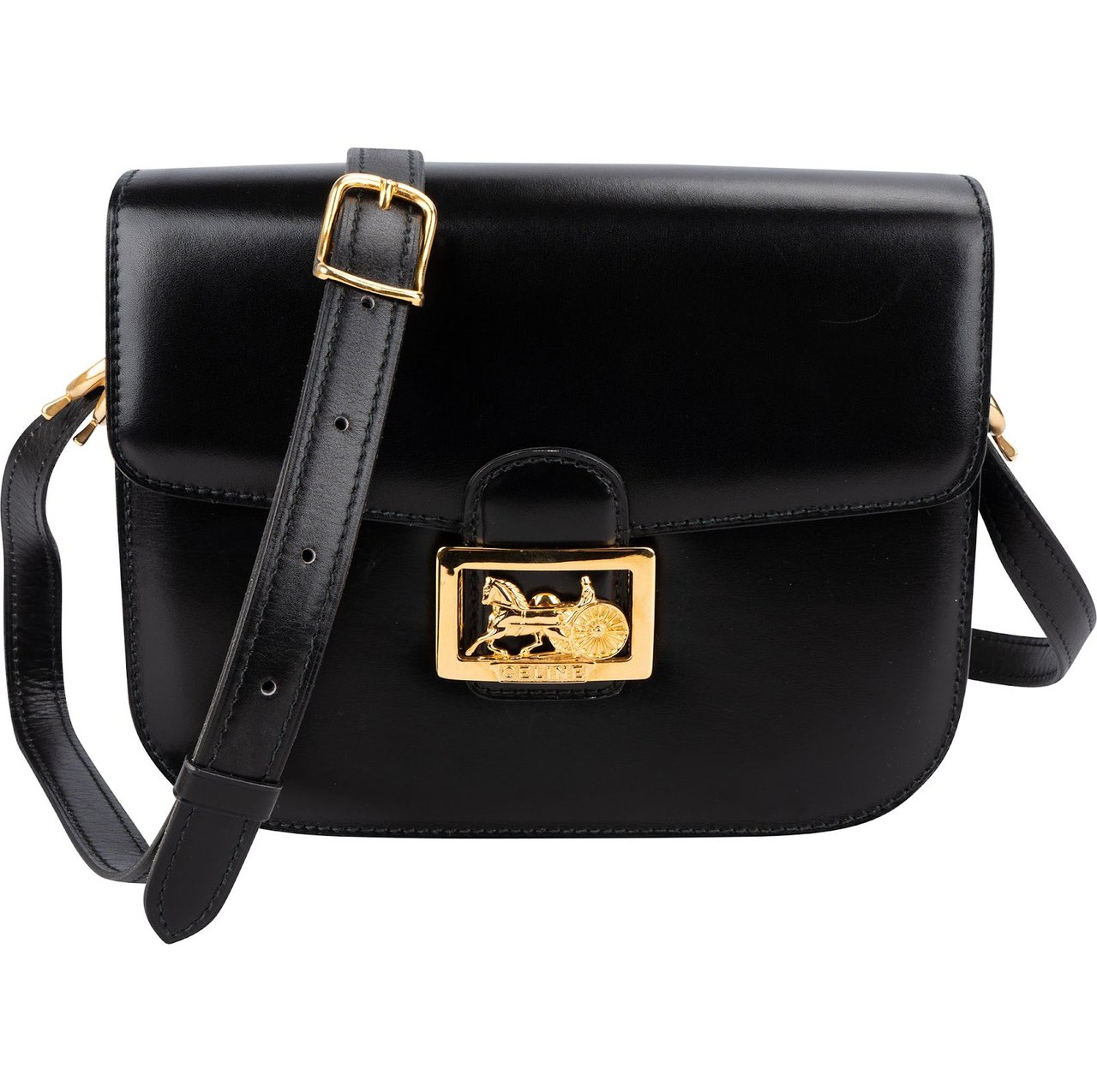 Celine Boxcalf Leather Horse Carriage Triomphe Crossbody Bag Zwart