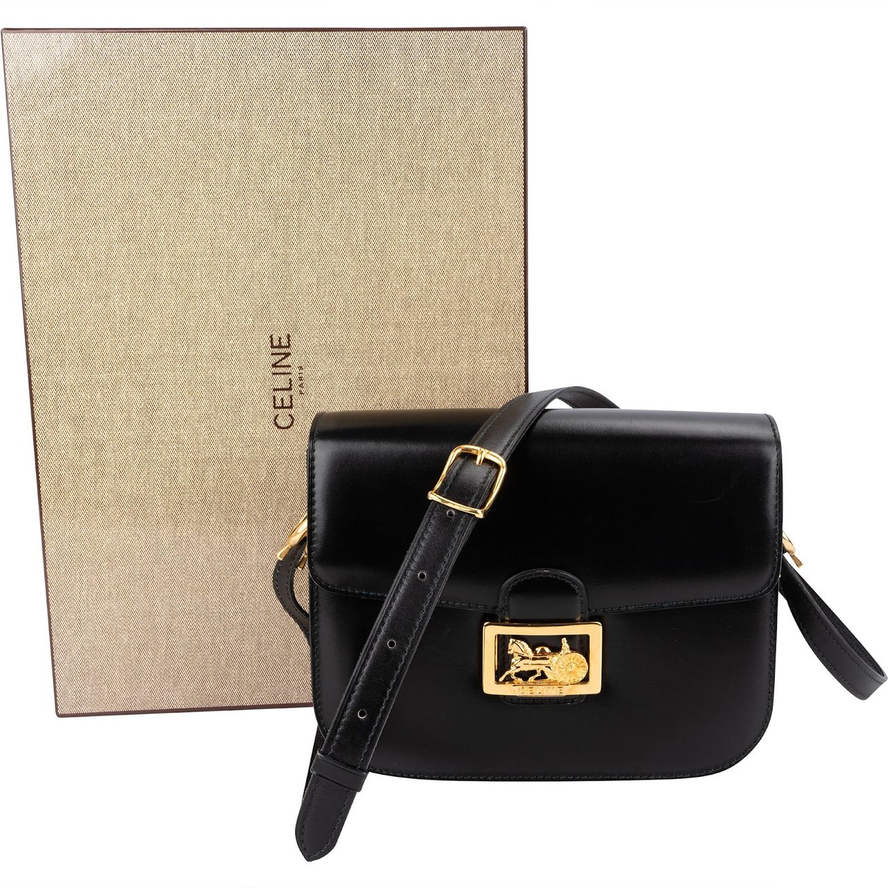 Celine Boxcalf Leather Horse Carriage Triomphe Crossbody Bag Zwart