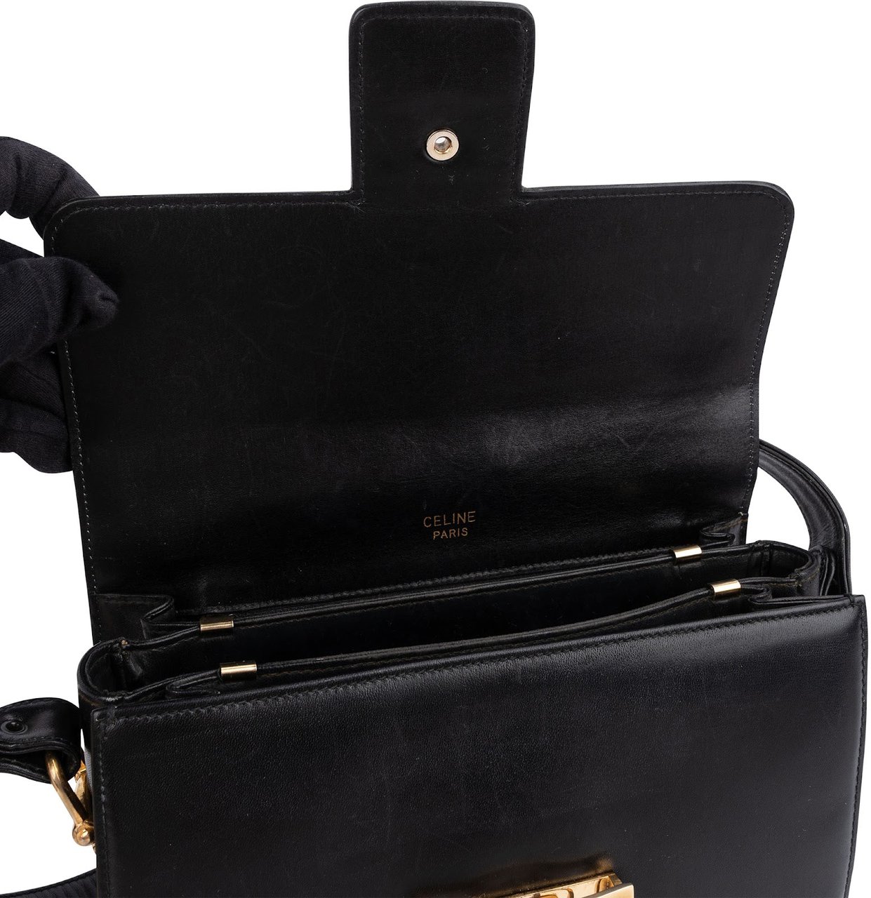 Celine Céline Back Boxcalf Horse Carriage Triomphe Shoulder Bag Zwart