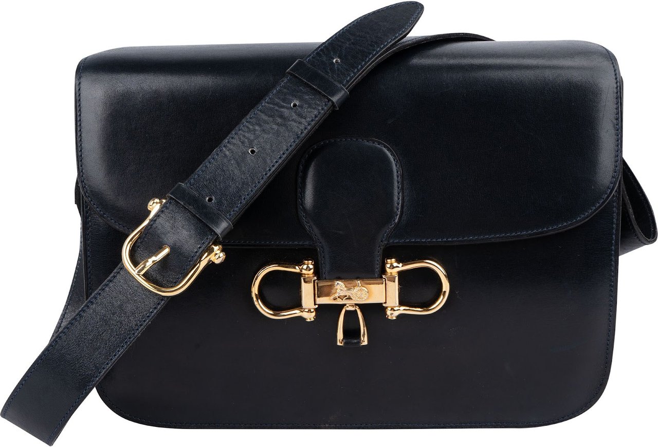 Celine Céline Boxcalf Leather Carriage Triomphe Shoulder Bag Navy
