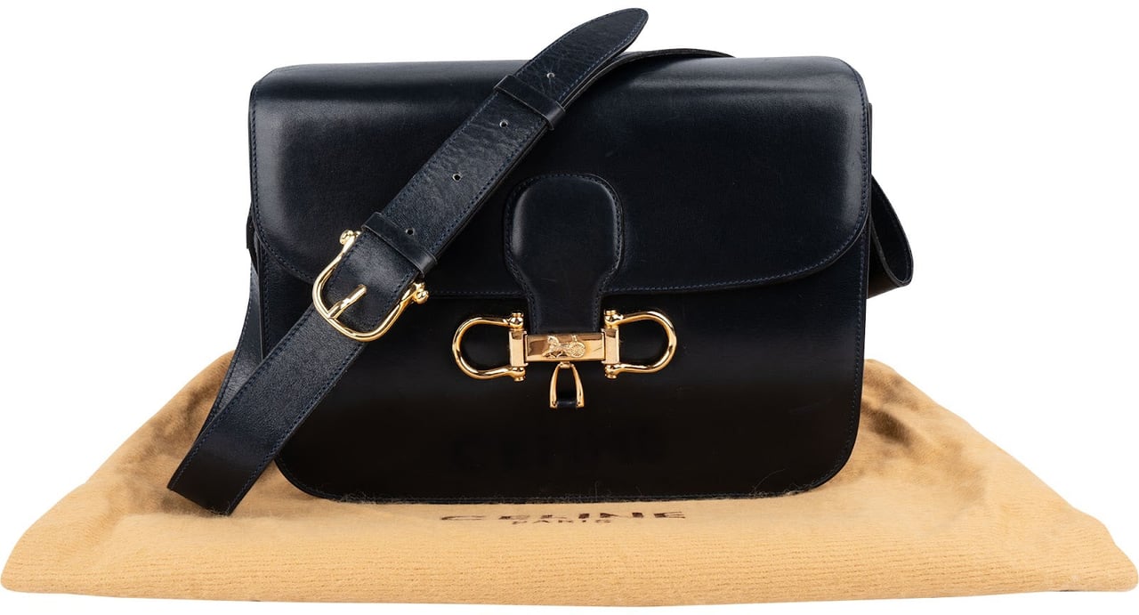 Celine Céline Boxcalf Leather Carriage Triomphe Shoulder Bag Navy