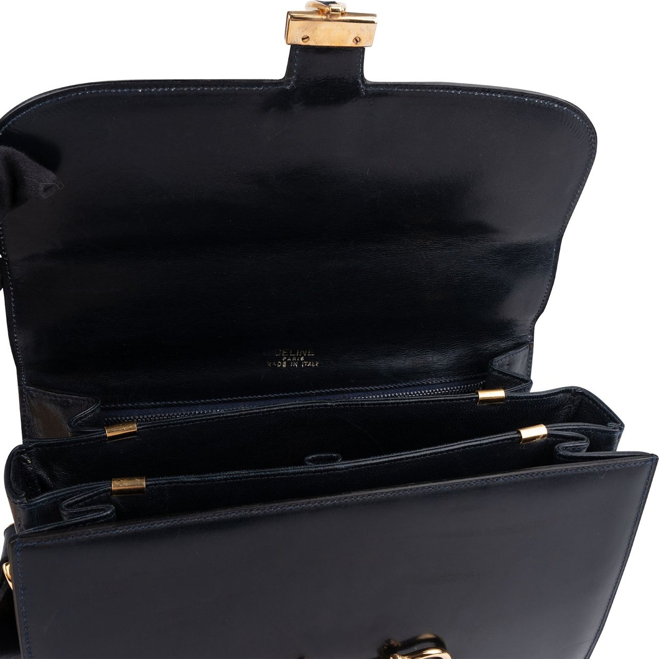 Celine Céline Boxcalf Leather Carriage Triomphe Shoulder Bag Navy