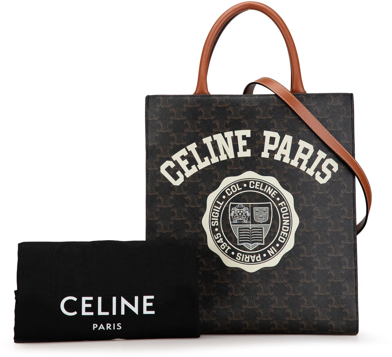 Celine Small Paris Print Triomphe Coated Canvas Vertical Cabas Tote Bruin