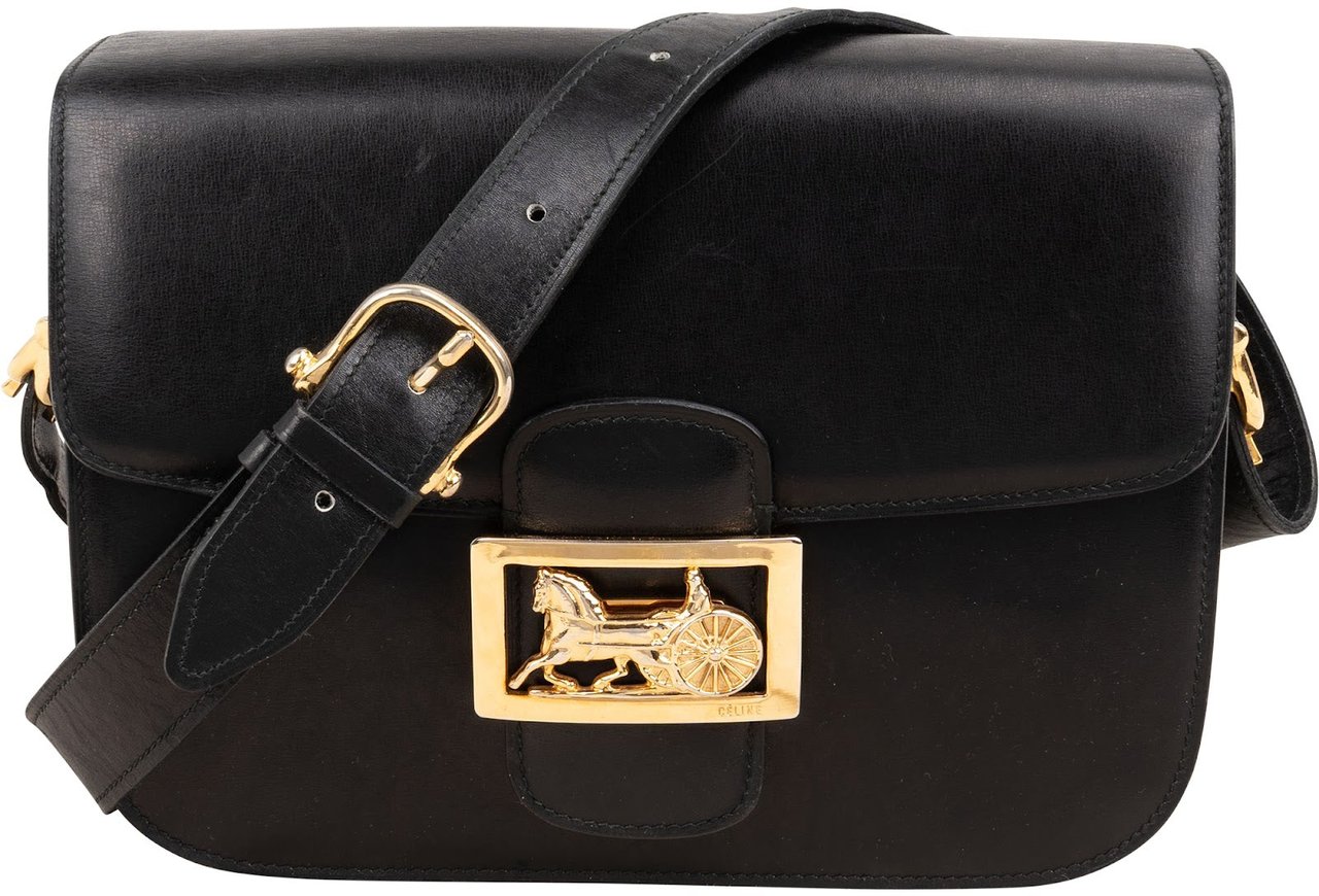Celine Boxcalf Leather Horse Carriage Triomphe Shoulder Bag Zwart