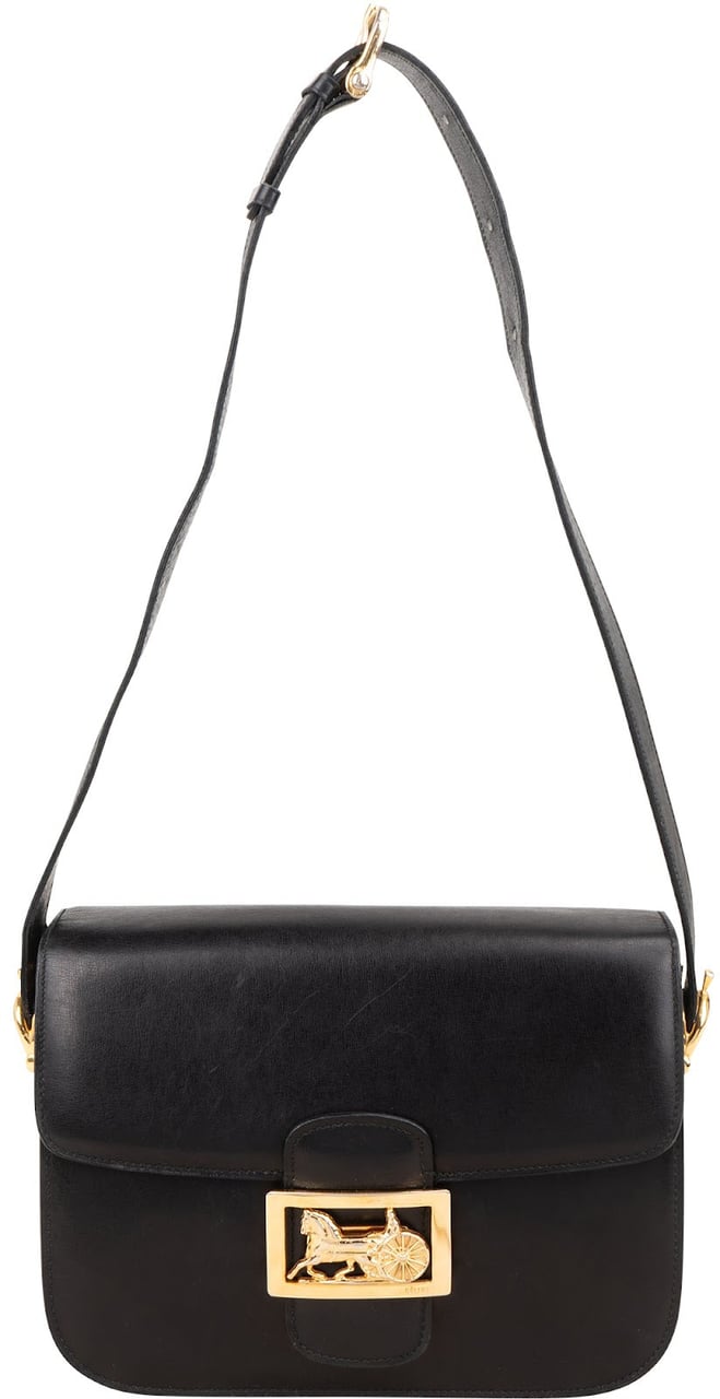 Celine Boxcalf Leather Horse Carriage Triomphe Shoulder Bag Zwart