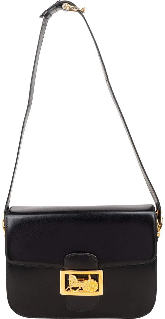 Celine Boxcalf Leather Horse Carriage Triomphe Shoulder Bag Zwart