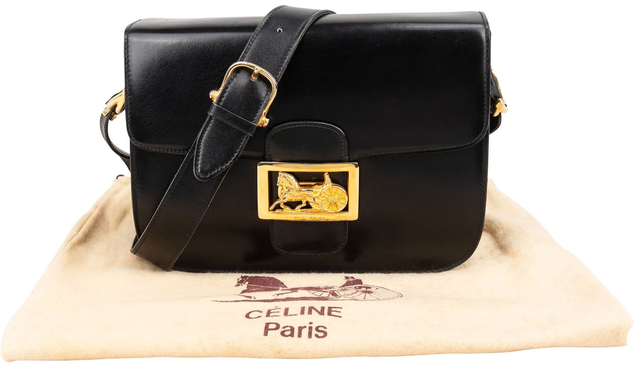 Celine Boxcalf Leather Horse Carriage Triomphe Shoulder Bag Zwart