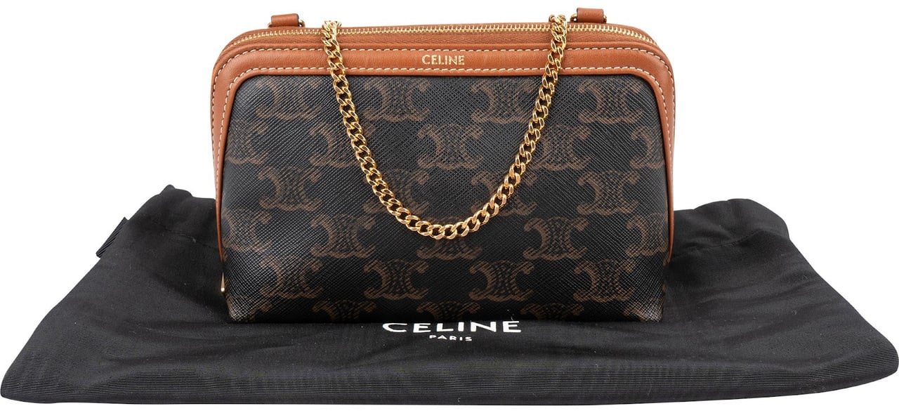 Celine Triomphe Monogram Canvas Chain Crossbody Bag Bruin