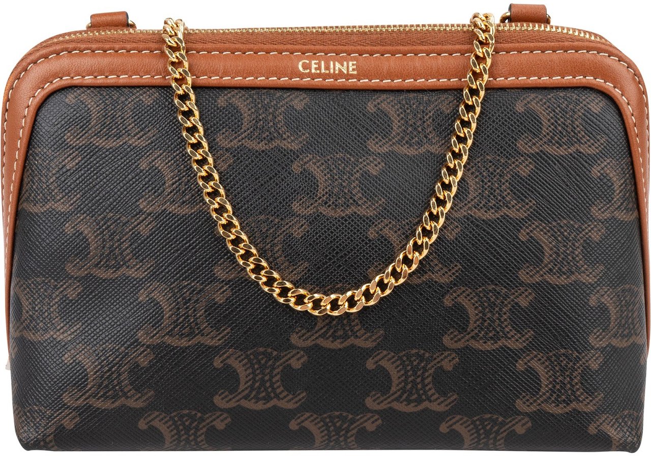 Celine Triomphe Monogram Canvas Chain Crossbody Bag Bruin