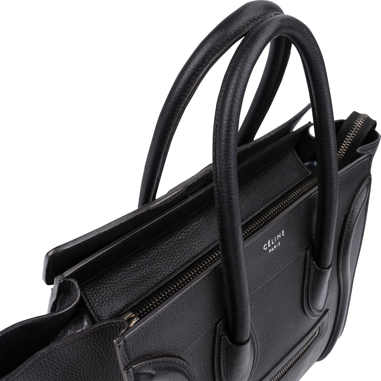 Celine Céline Black Grained Leather Luggage Handbag Zwart