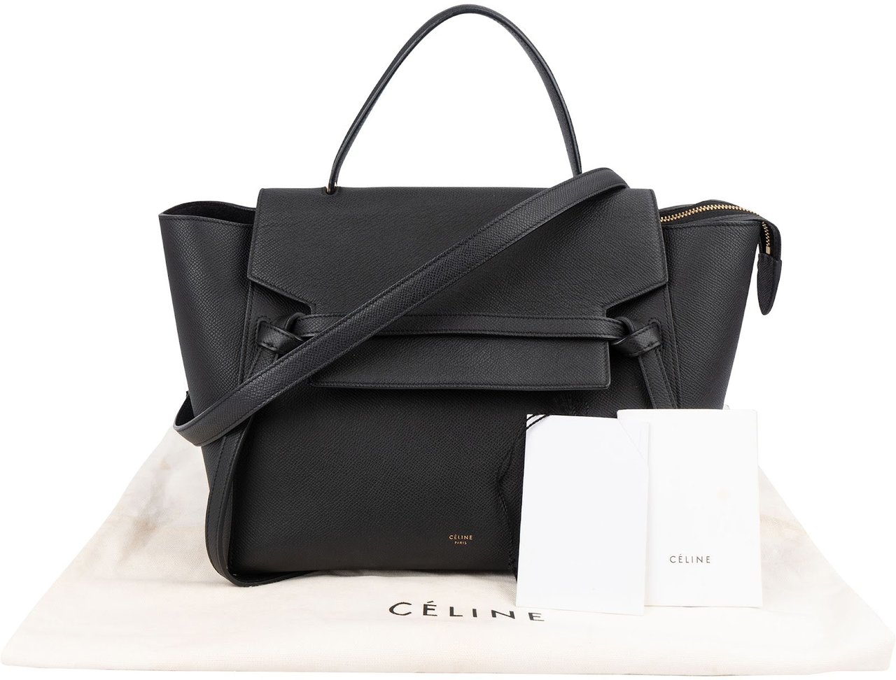 Celine Céline Black Leather Grained Calfskin Belt Handbag Zwart