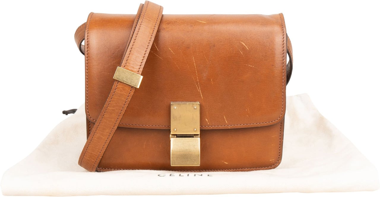 Celine Leather Seesaw Lock Small Classic Box Crossbody Bag Bruin