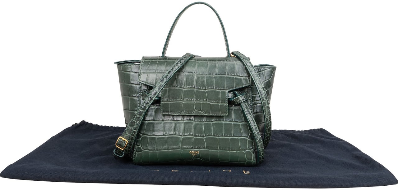Celine Dark Green Crocodile Embossed Belt Nano Handbag Donkergroen