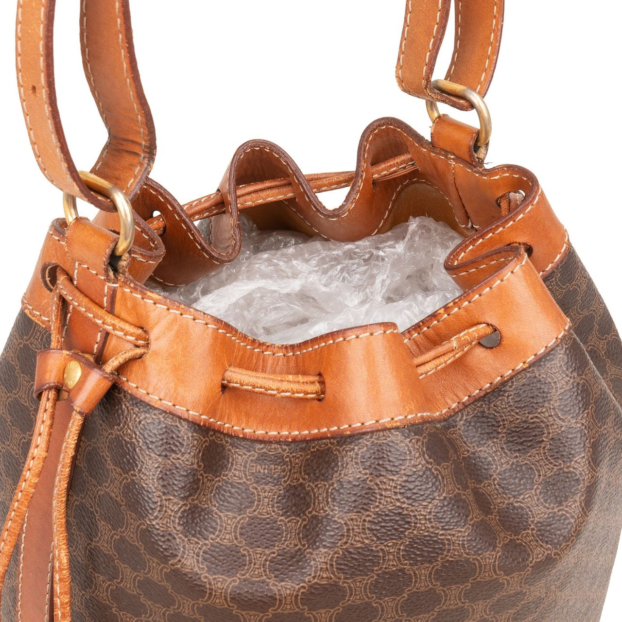 Celine Macadam Monogram Canvas Drawstring Bucket Crossbody Bag Bruin