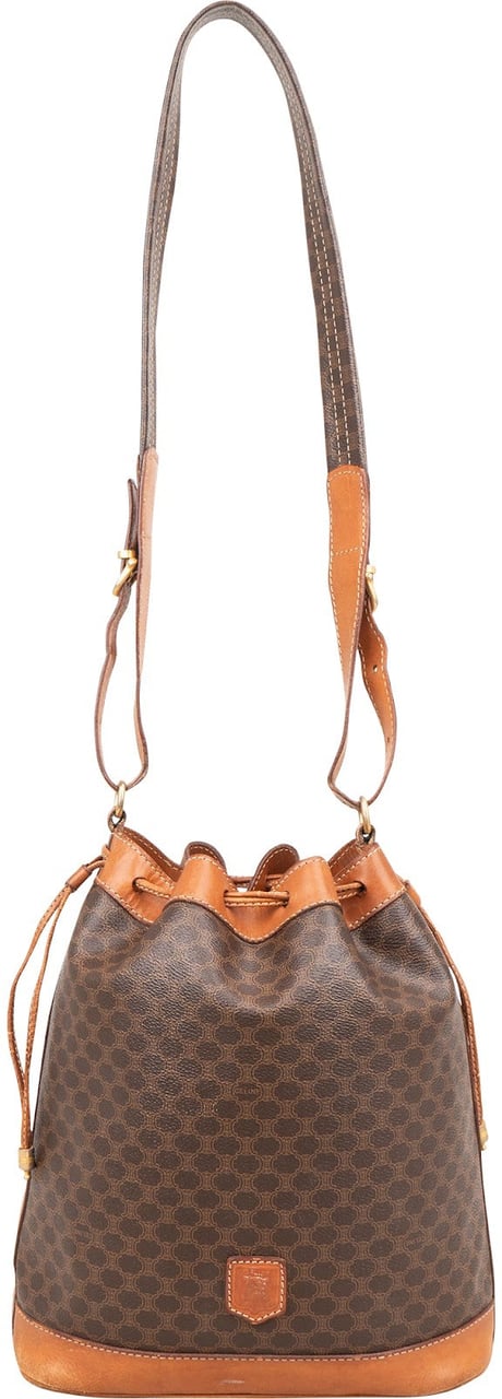 Celine Macadam Monogram Canvas Drawstring Bucket Crossbody Bag Bruin