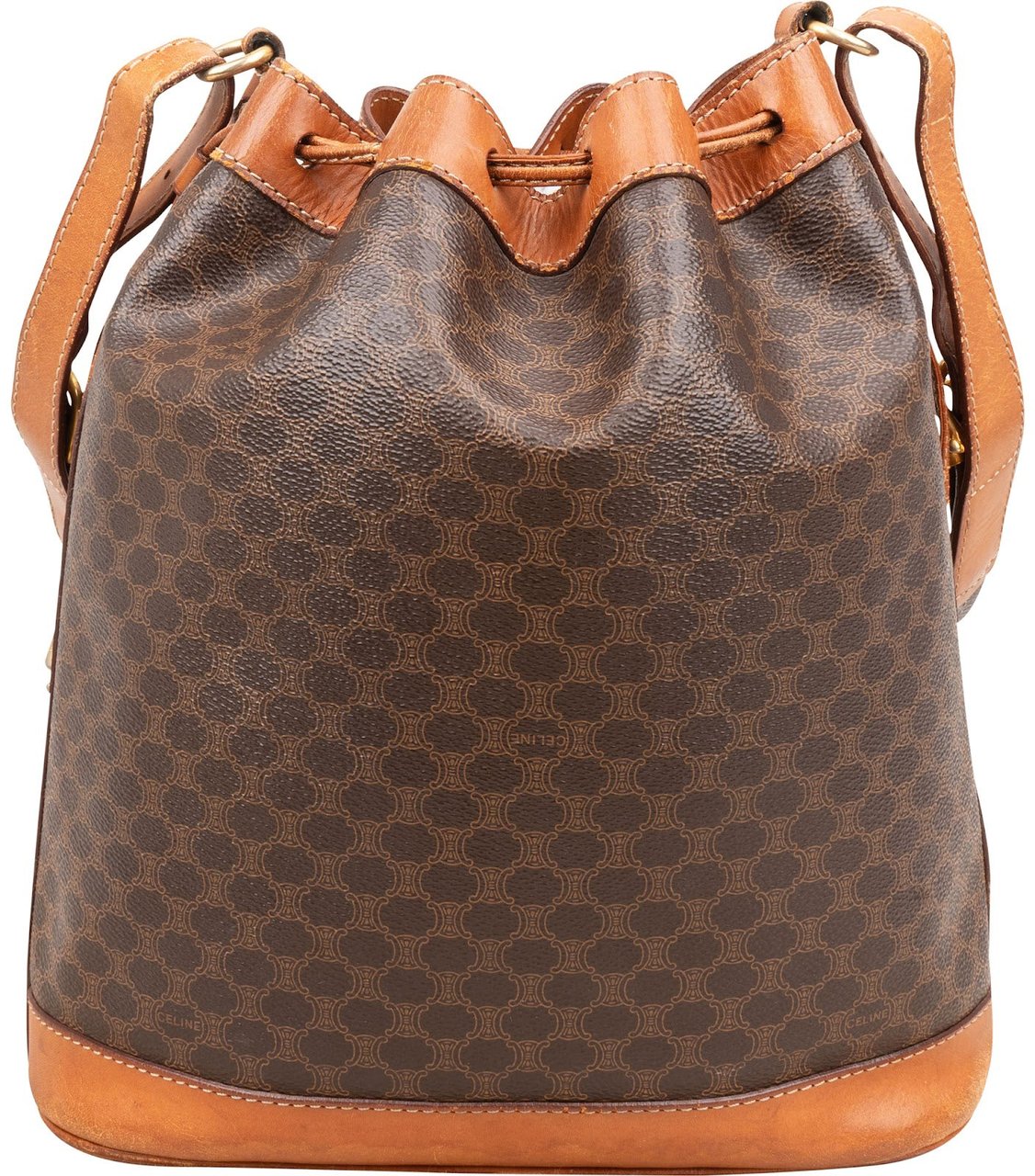 Celine Macadam Monogram Canvas Drawstring Bucket Crossbody Bag Bruin
