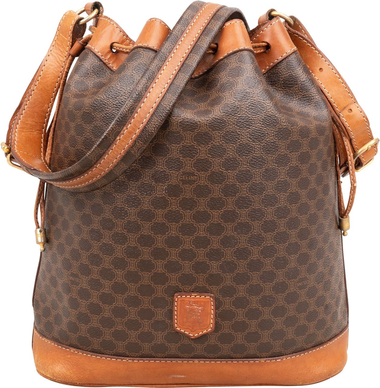 Celine Macadam Monogram Canvas Drawstring Bucket Crossbody Bag Bruin