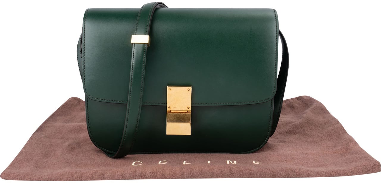 Celine Classic Dark Green Boxcalf Leather Medium Box Crossbody Bag Donkergroen