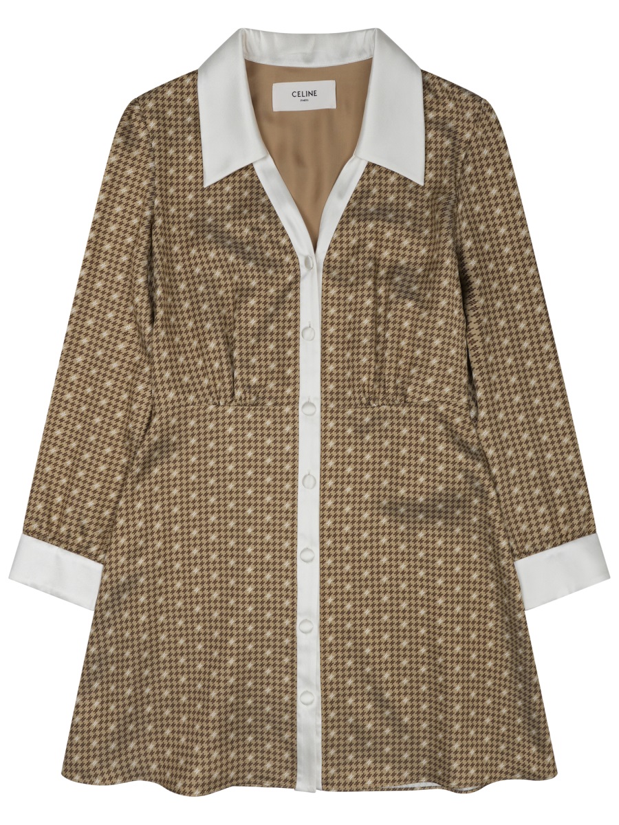 Celine Geometric Pattern Silk Mini Dress Bruin