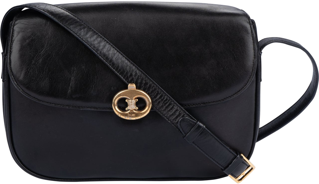 Celine Celine Black Calfskin Triomphe Crossbody Bag Zwart
