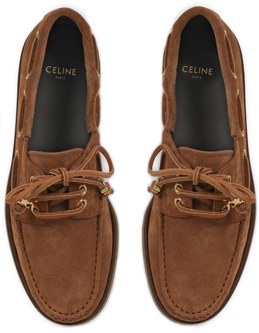 Celine Brown Calf Leather Moccasin Shoes With Decorative Lace Bruin