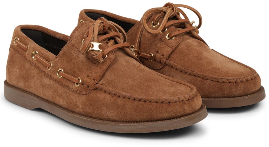 Celine Brown Calf Leather Moccasin Shoes With Decorative Lace Bruin