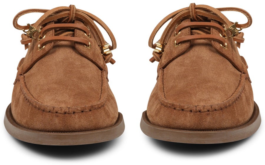 Celine Brown Calf Leather Moccasin Shoes With Decorative Lace Bruin