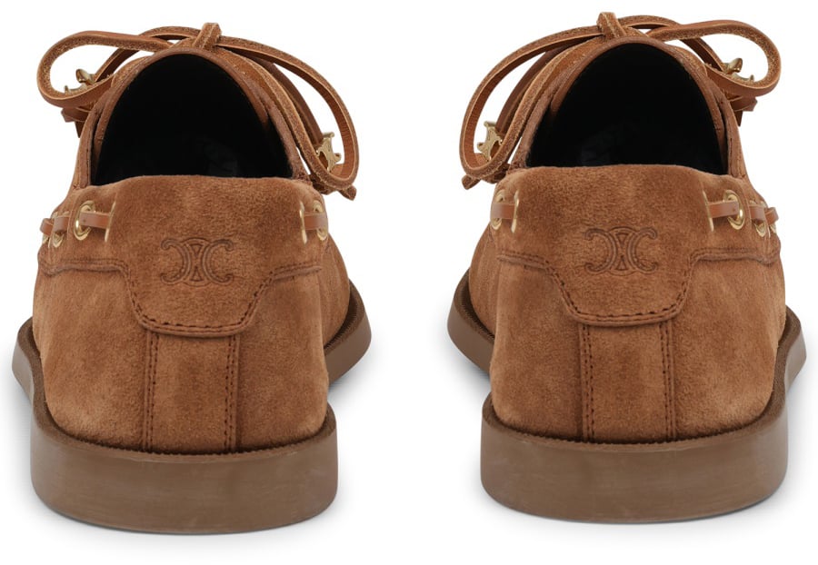 Celine Brown Calf Leather Moccasin Shoes With Decorative Lace Bruin