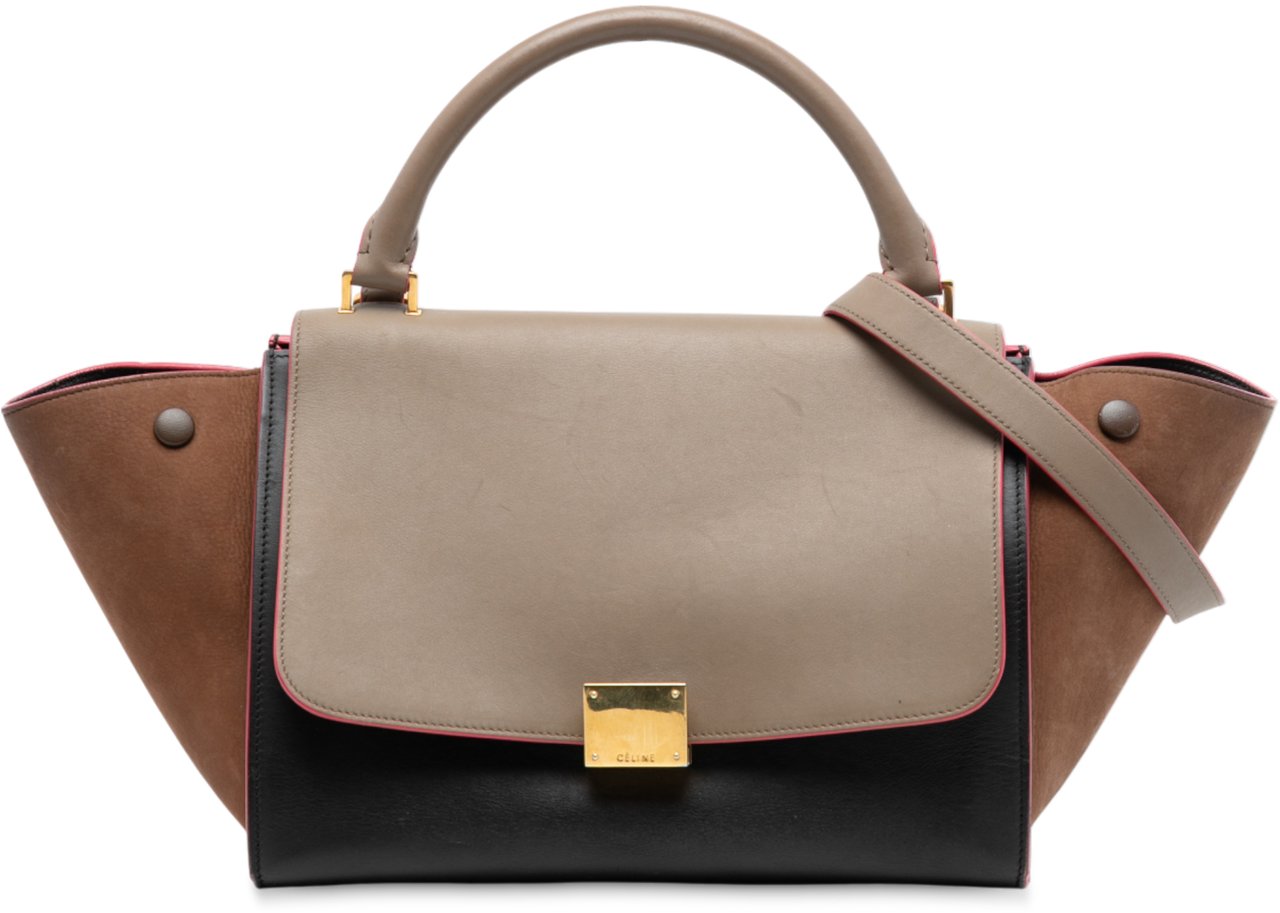 Celine Small Tricolor Calfskin and Suede Trapeze Satchel Zwart