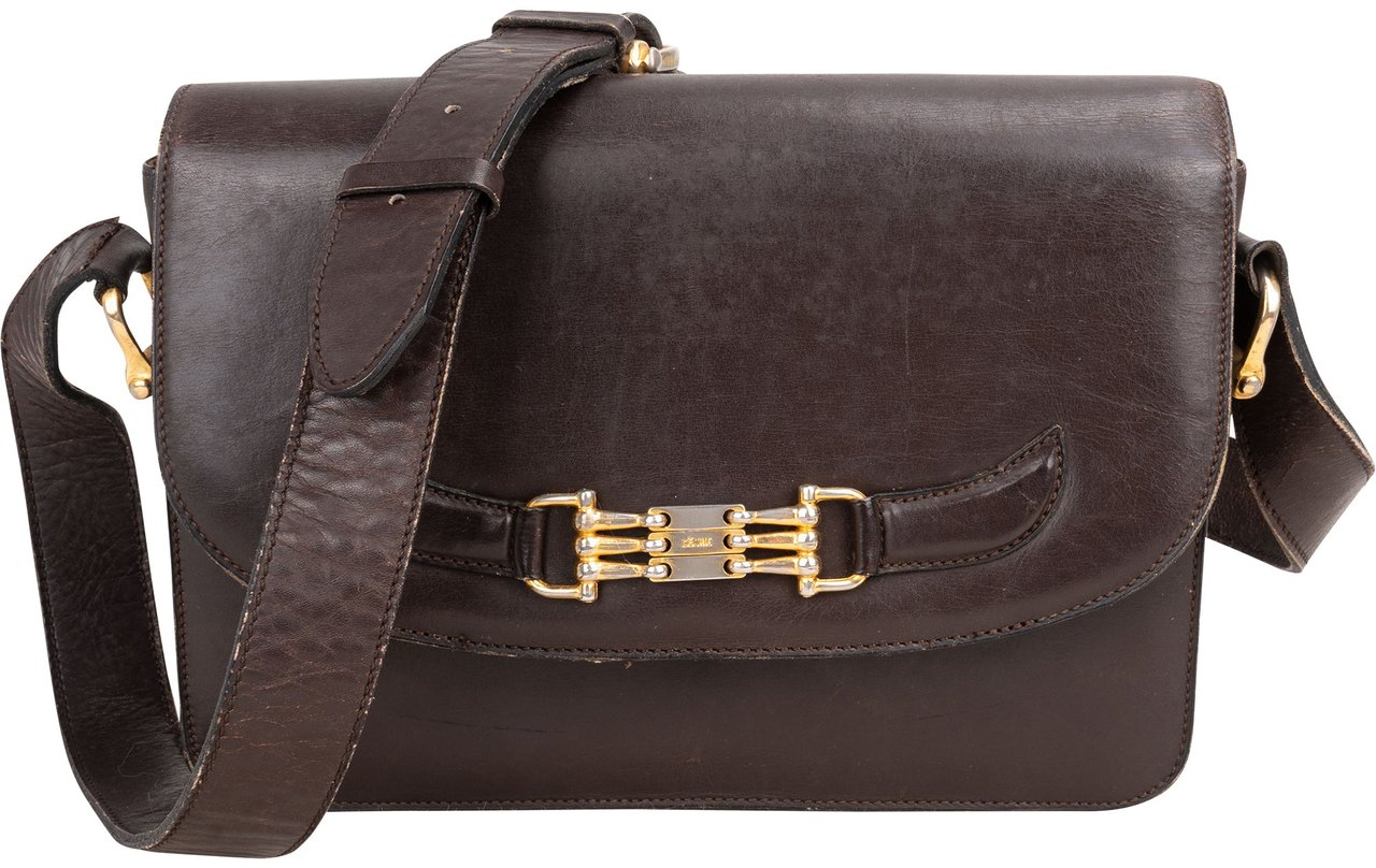 Celine Céline Brown Leather Triomphe Crossbody Bag Bruin