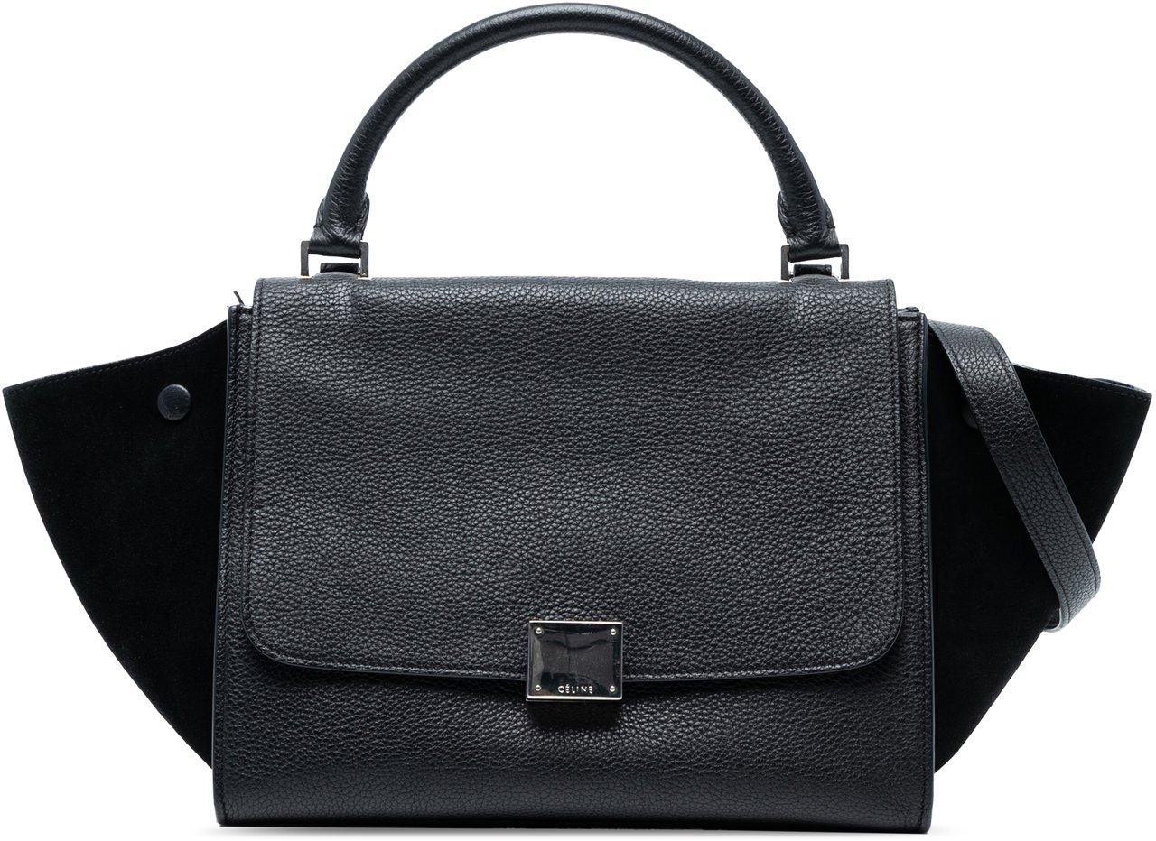 Celine Small Drummed Calfskin and Suede Trapeze Satchel Zwart