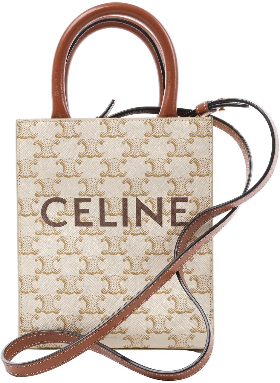 Celine Celine Triomphe Mini Vertical Hippopotamus PVC x Leather 2Way Handbag White x Brown Beige