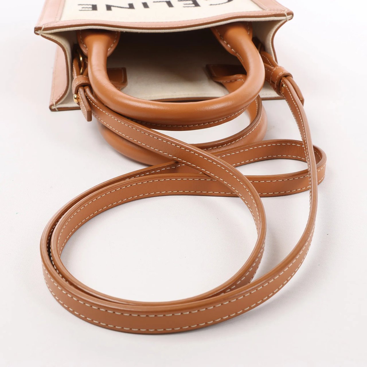 Celine Celine Vertical Mini Hippopotamus Canvas x Leather 2Way Handbag Beige x Brown Divers