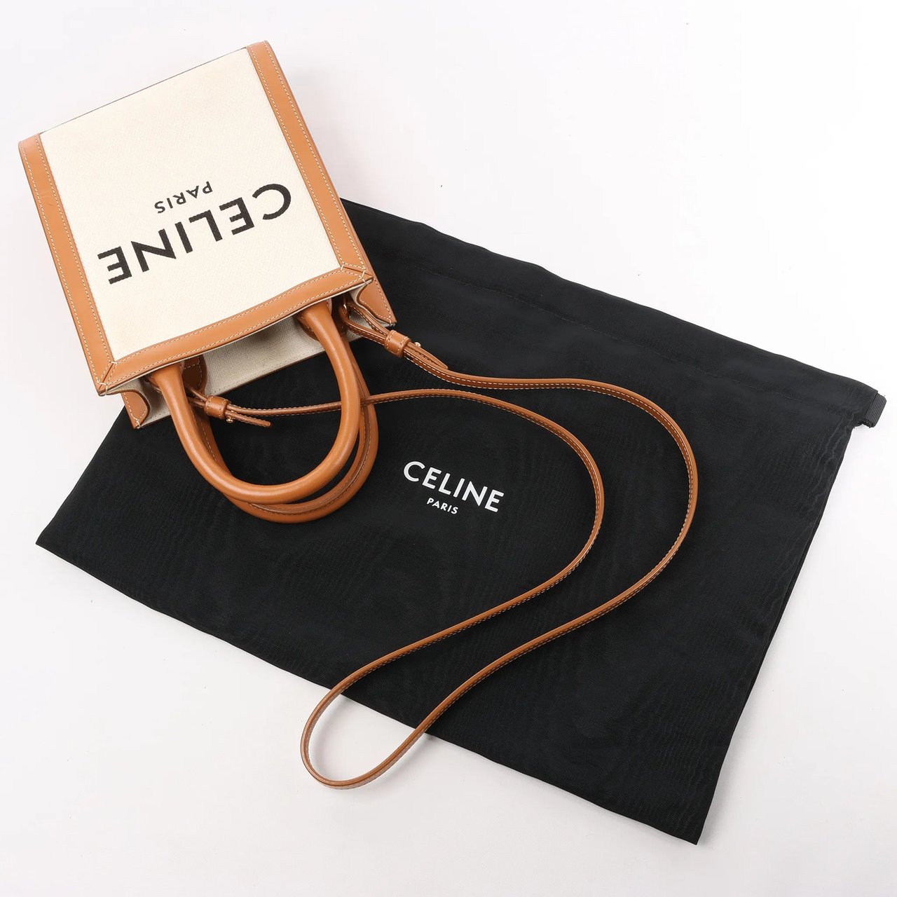 Celine Celine Vertical Mini Hippopotamus Canvas x Leather 2Way Handbag Beige x Brown Divers