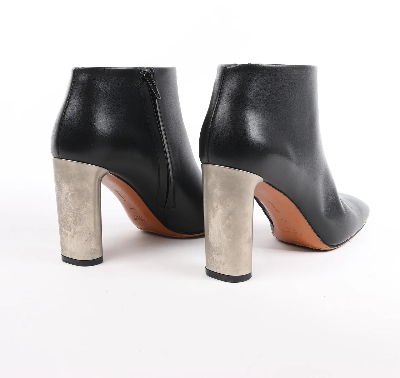 Celine Celine Phoebe Leather x Metal Heel Ankle Boots in Black, Size 38 EU Zwart