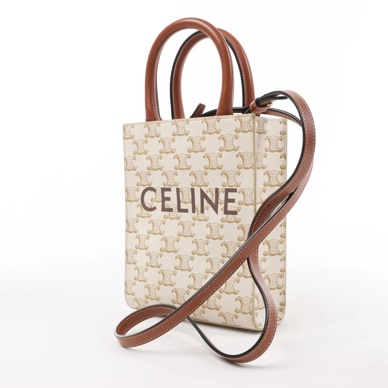 Celine Celine Triomphe Mini Vertical Hippopotamus PVC x Leather 2Way Handbag White x Brown Beige