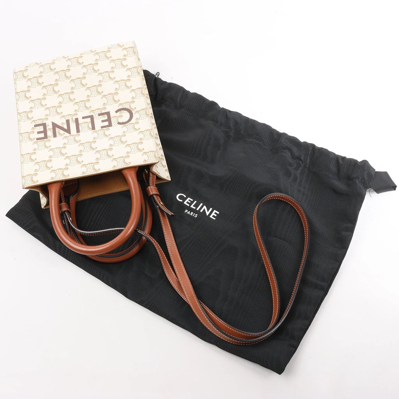 Celine Celine Triomphe Mini Vertical Hippopotamus PVC x Leather 2Way Handbag White x Brown Beige