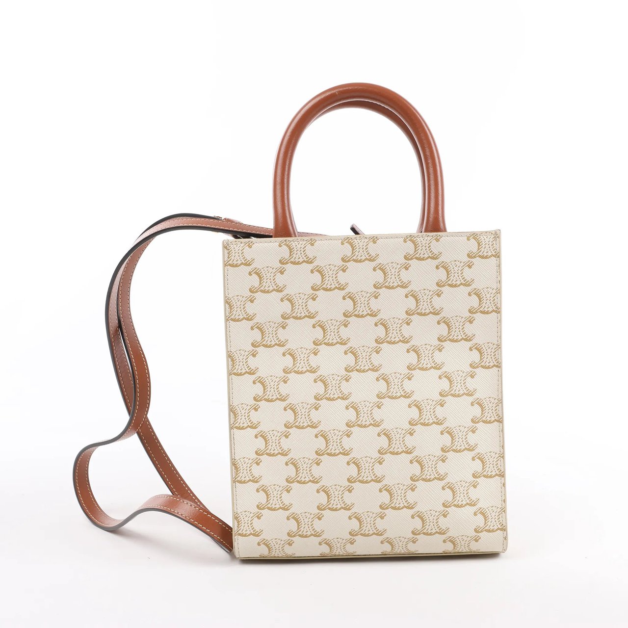 Celine Celine Triomphe Mini Vertical Hippopotamus PVC x Leather 2Way Handbag White x Brown Beige