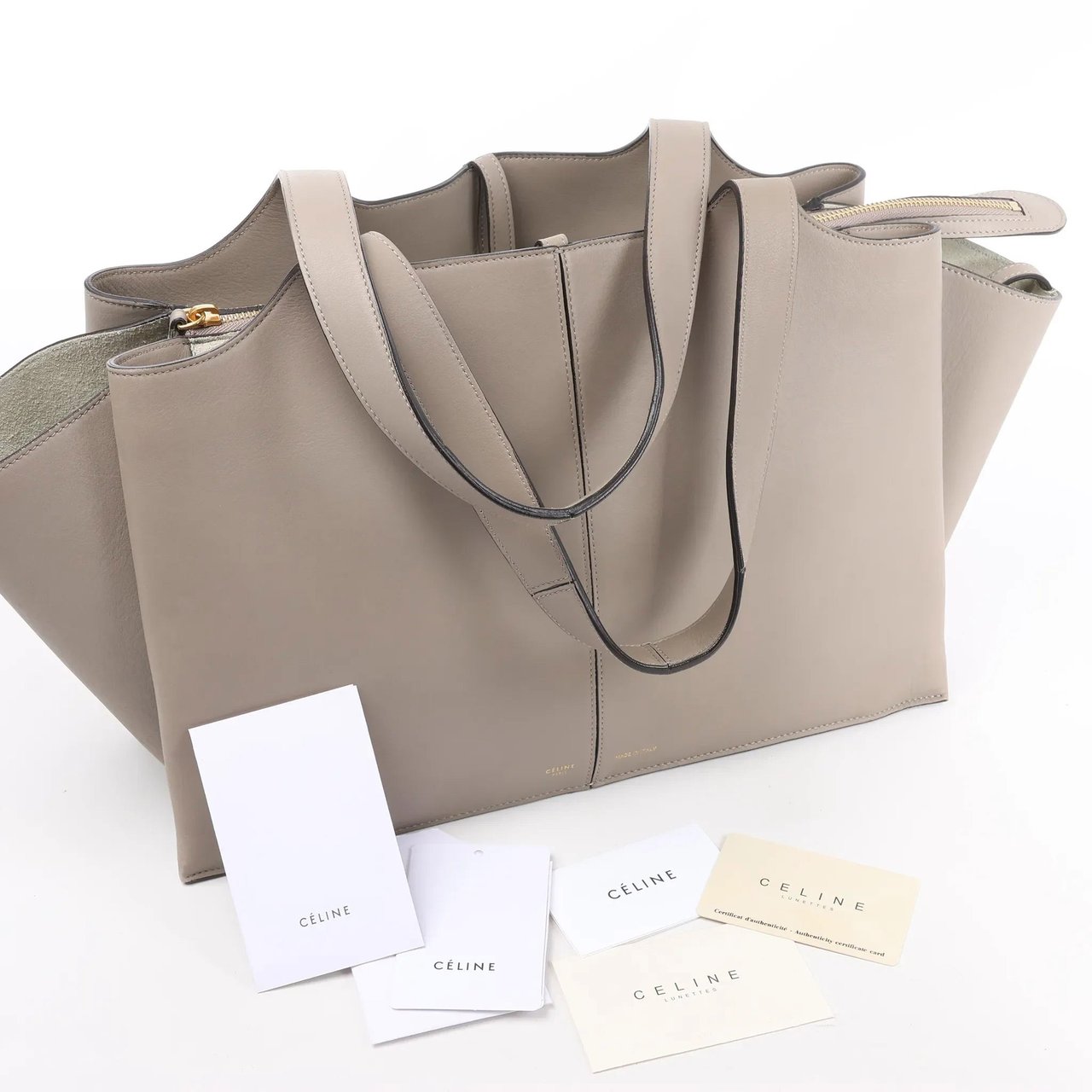 Celine Celine Tri-Fold Leather Shoulder Bag in Greige Beige