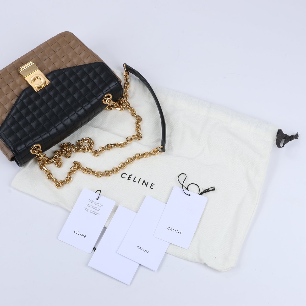 Celine Celine C Sées Medium Leather Chain Shoulder Bag Black × Brown Divers