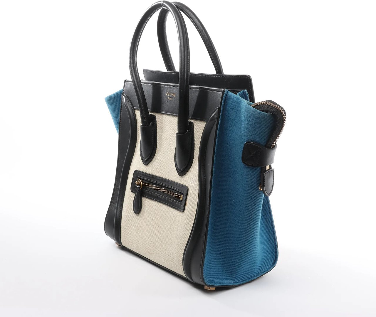 Celine Celine Luggage Micro Leather x Canvas Handbag in Black x Beige x Blue Divers