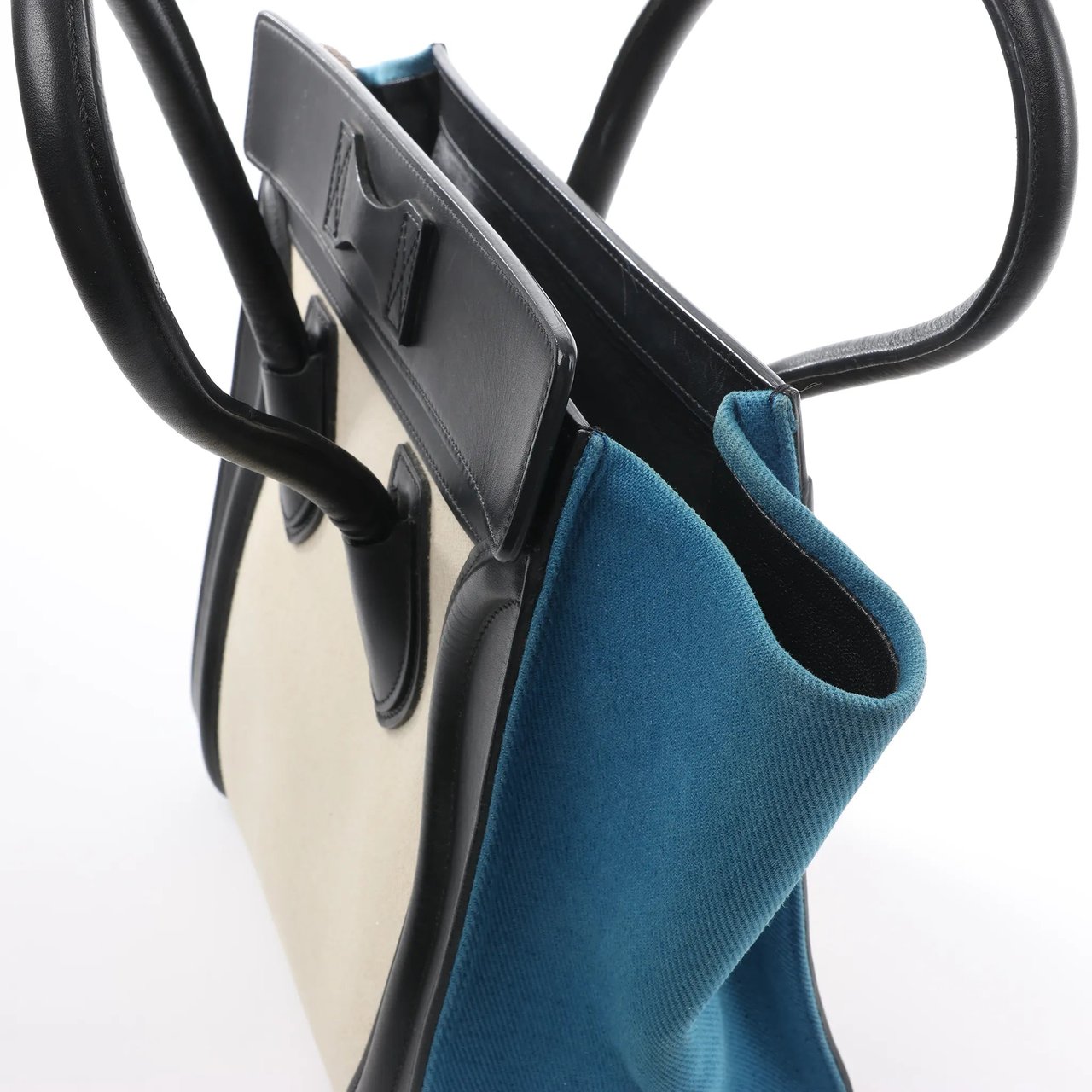 Celine Celine Luggage Micro Leather x Canvas Handbag in Black x Beige x Blue Divers