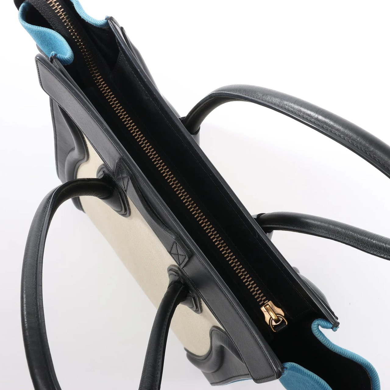 Celine Celine Luggage Micro Leather x Canvas Handbag in Black x Beige x Blue Divers