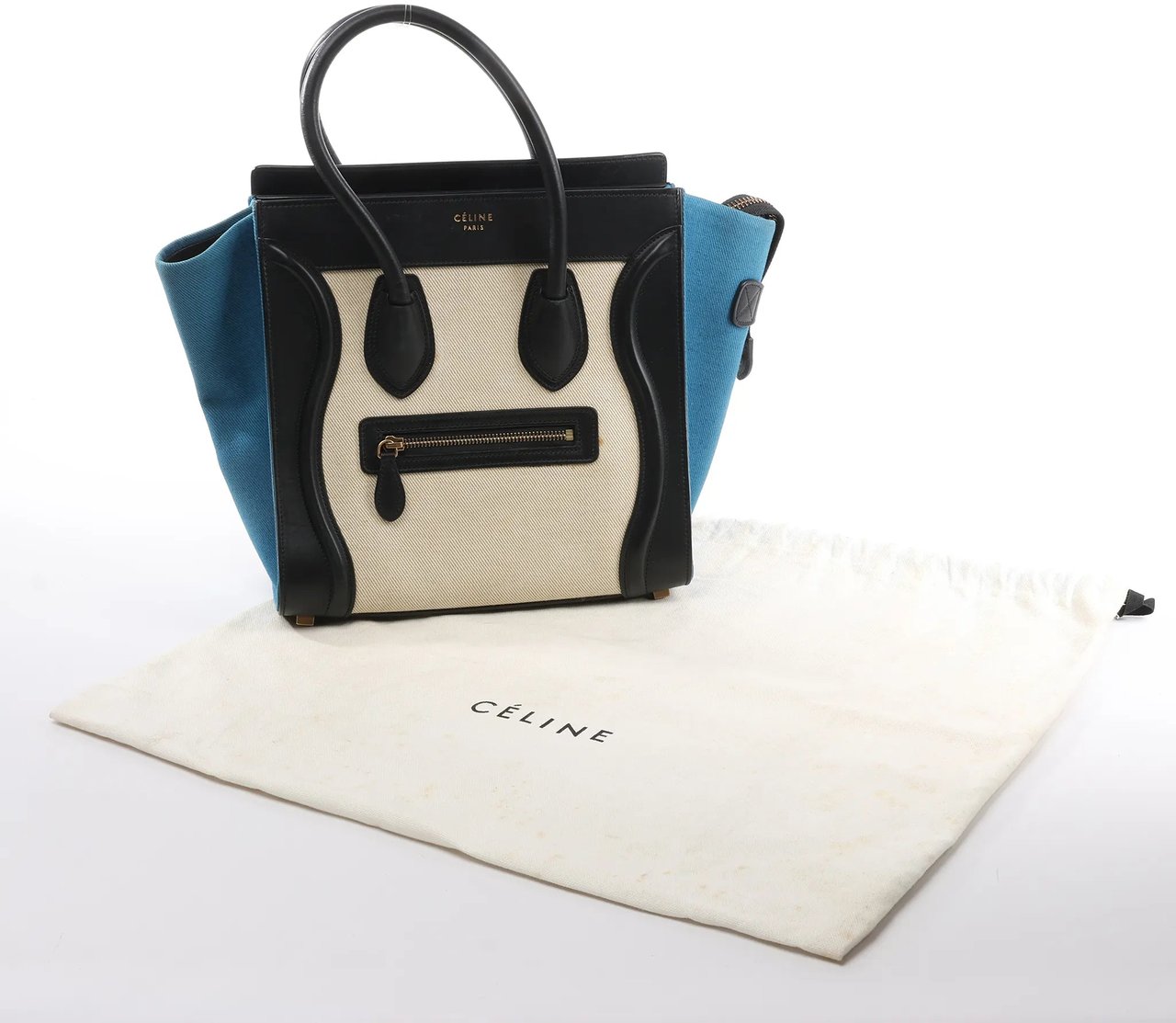 Celine Celine Luggage Micro Leather x Canvas Handbag in Black x Beige x Blue Divers