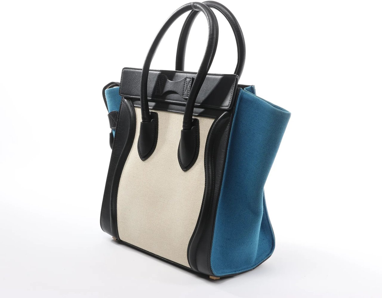 Celine Celine Luggage Micro Leather x Canvas Handbag in Black x Beige x Blue Divers
