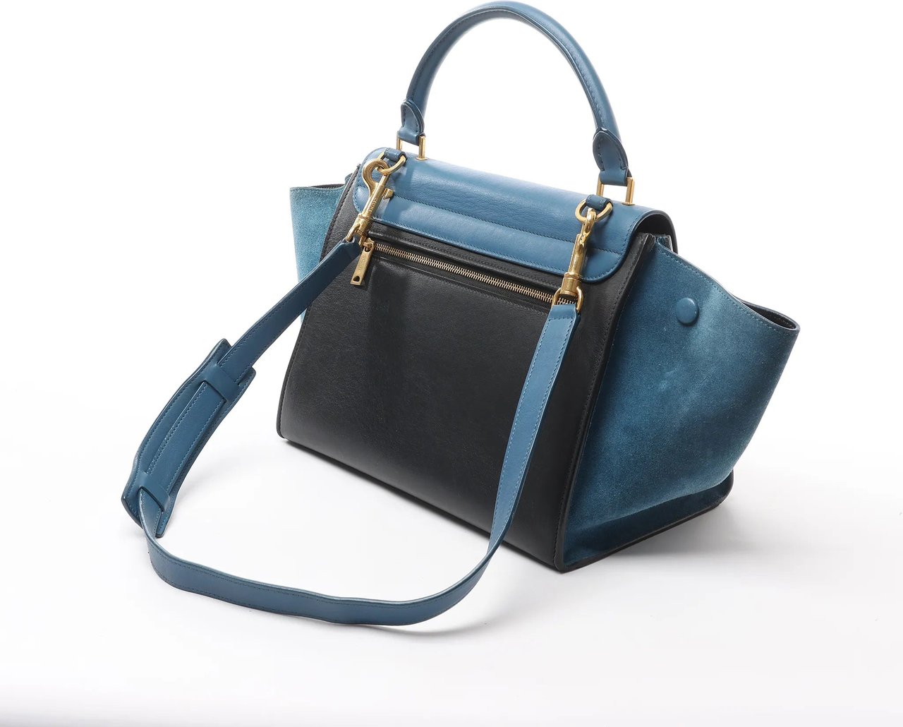Celine CELINE Trapeze Leather x Suede 2Way Handbag in Blue x Black Blauw