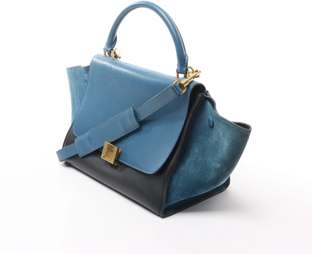 Celine CELINE Trapeze Leather x Suede 2Way Handbag in Blue x Black Blauw