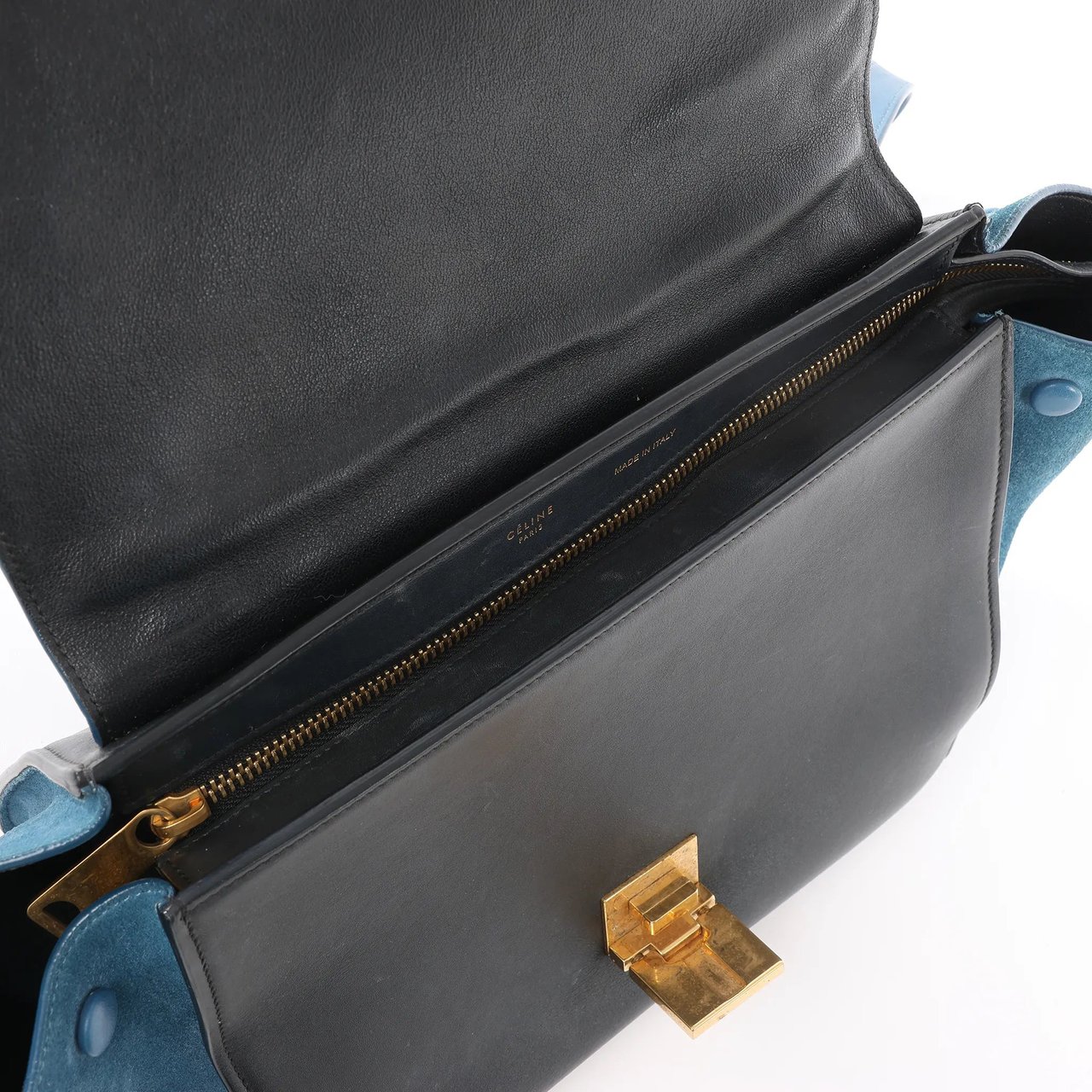Celine CELINE Trapeze Leather x Suede 2Way Handbag in Blue x Black Blauw
