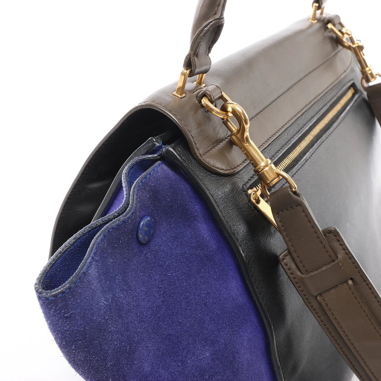 Celine CELINE Trapeze Leather x Suede 2Way Handbag in Brown x Navy Blue x Black Blauw