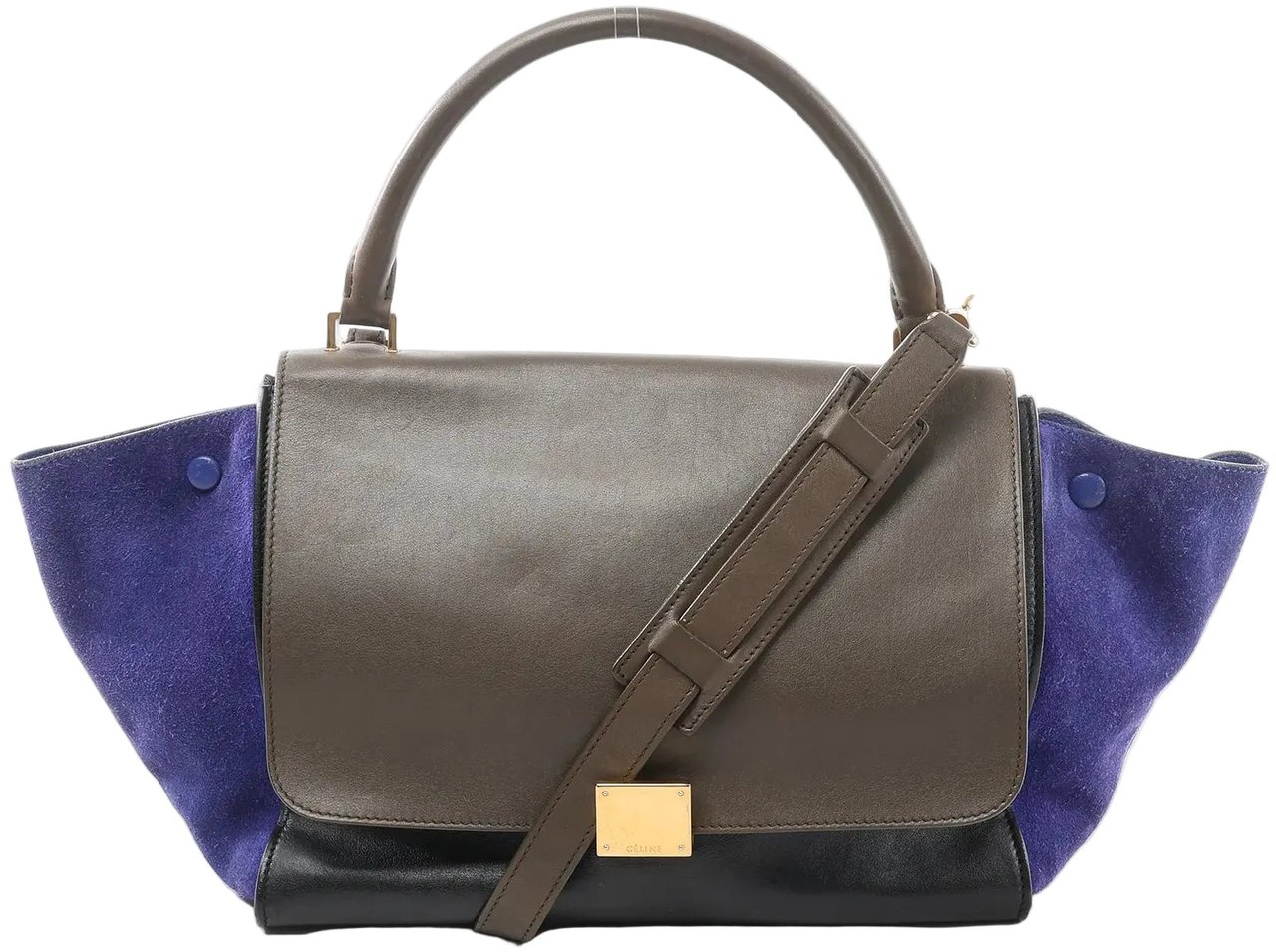 Celine CELINE Trapeze Leather x Suede 2Way Handbag in Brown x Navy Blue x Black Blauw